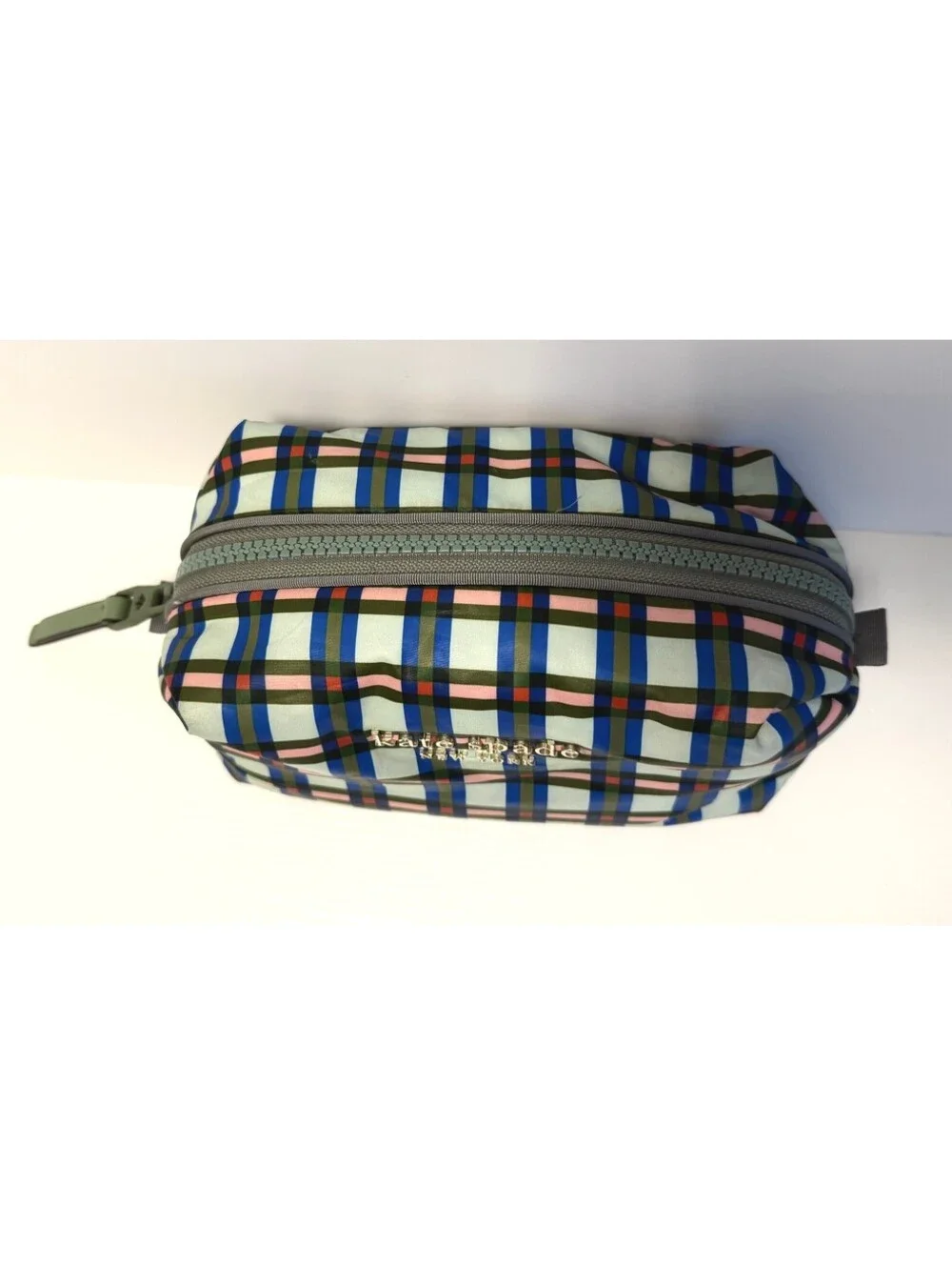 Kate Spade Plaid Nylon Cosmetic Case Makeup Bag Pouch
